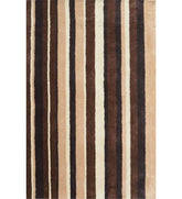 Beige, brown, and ivory hand-tufted wool rug with modern striped design.